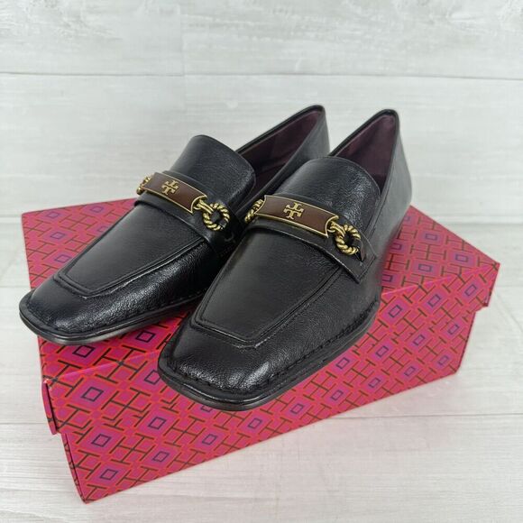 Tory Burch Size 8.5 Perrine Loafer Shoes Square Toe Logo Leather Perfect Black - Picture 14 of 16